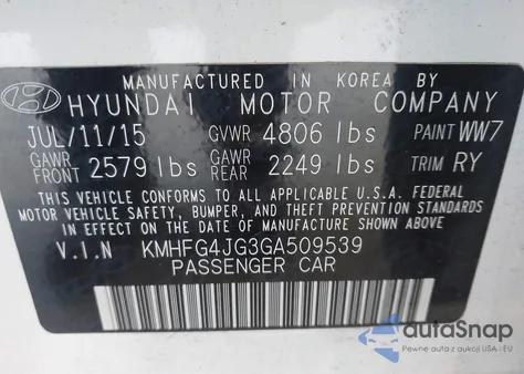 2016 Hyundai Azera z USA, uszkodzony, nr VIN KMHFG4JG3GA509539